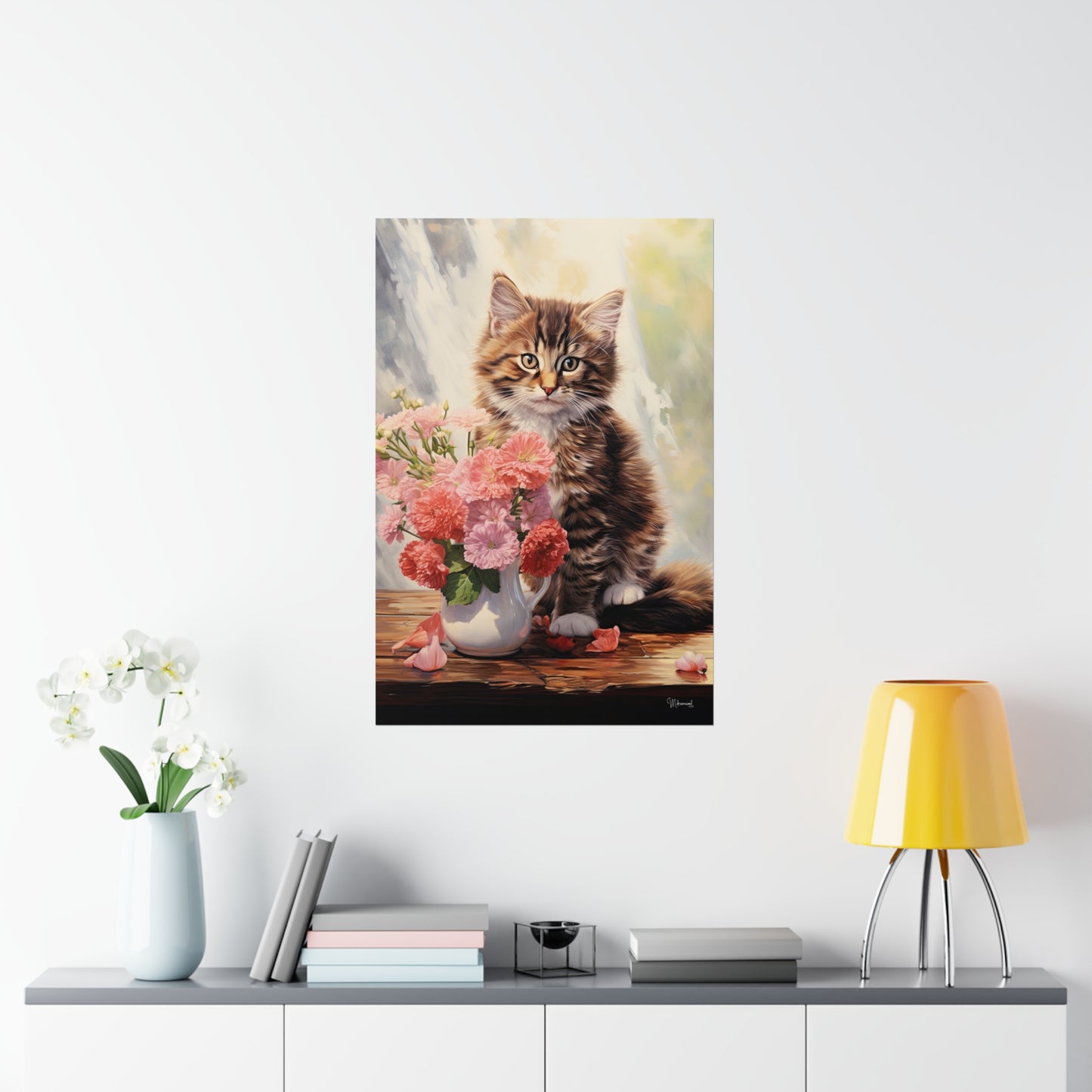 Tabby Kitten Floral Table Premium Matte Vertical Posters