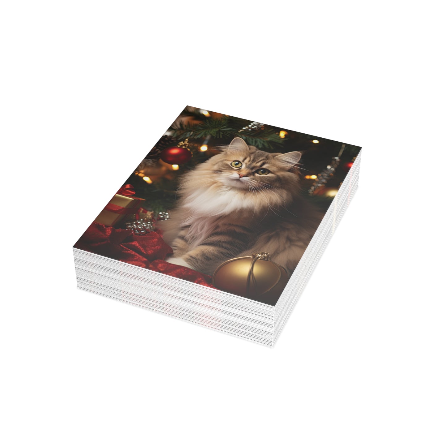 Cat by the Christmas Tree Greeting Cards (1, 10, 30, and 50pcs)