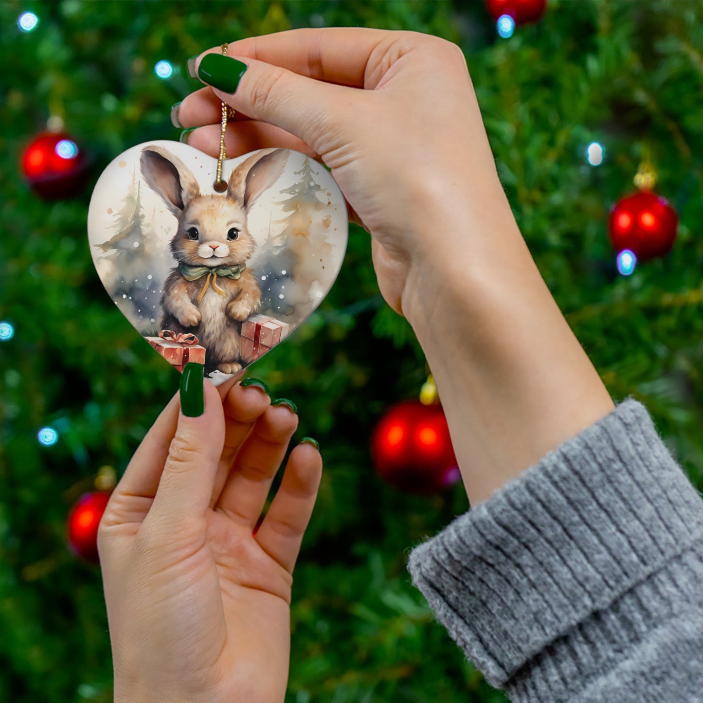 Watercolor Winter- Bunny Ceramic Ornament