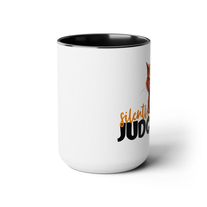 Silently Judging- Orange Tabby Two-Tone Coffee Mugs, 15oz