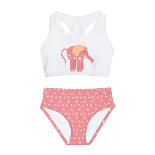 Elephant Pink Floral Girls Two Piece Swimsuit (AOP)