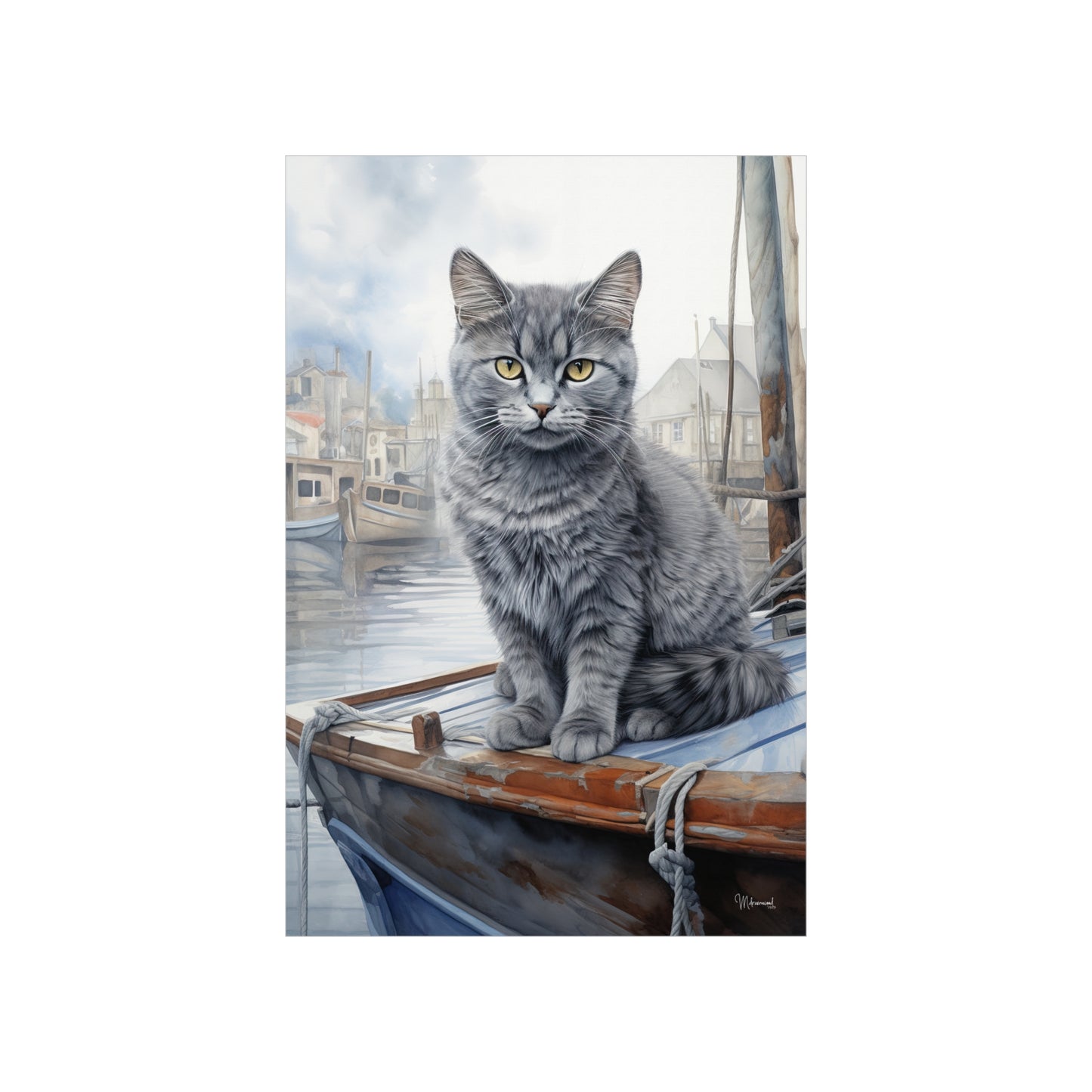 Grey Tabby Cat at the Boat Docks Premium Matte Vertical Posters