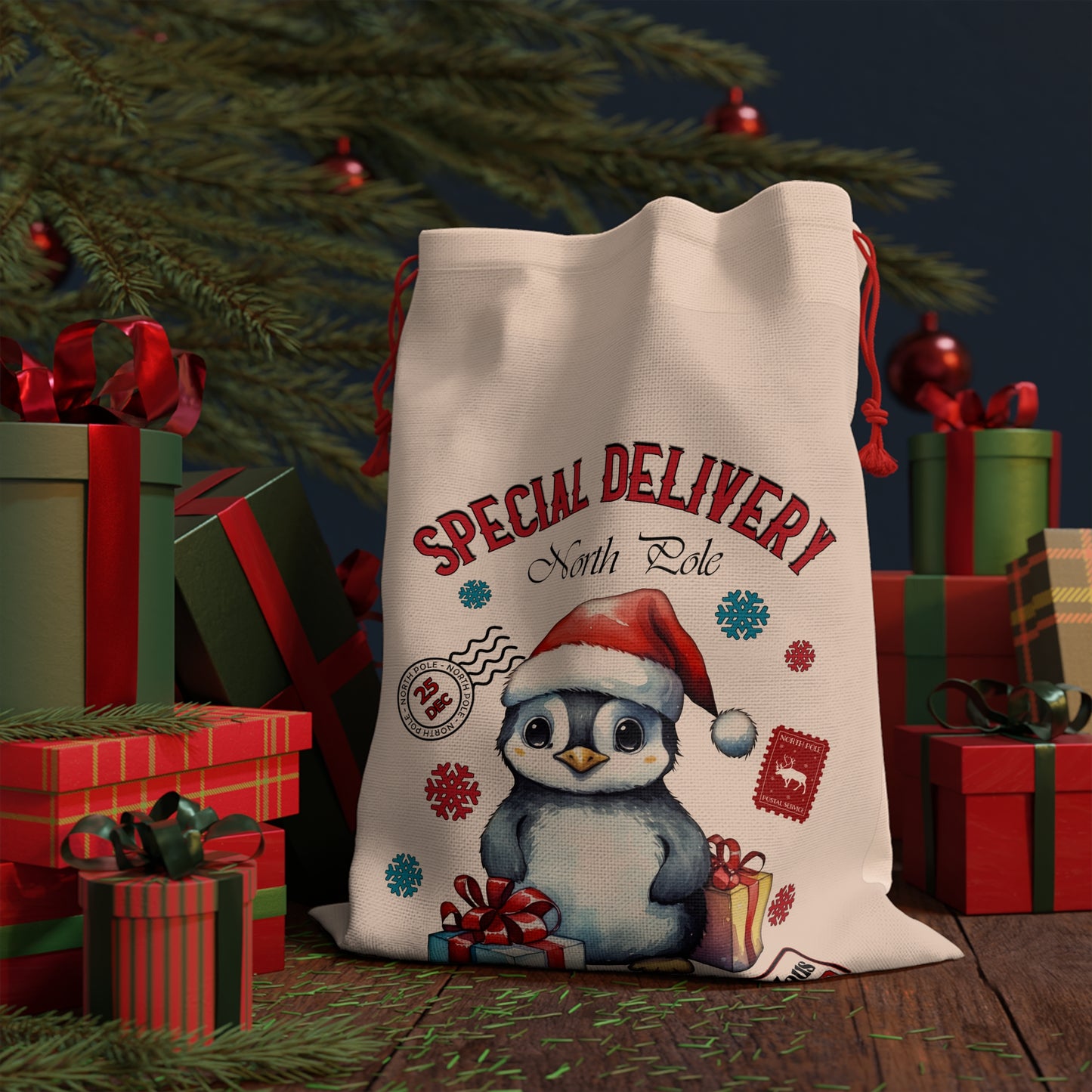 Special Delivery Penguin Christmas Linen Bag