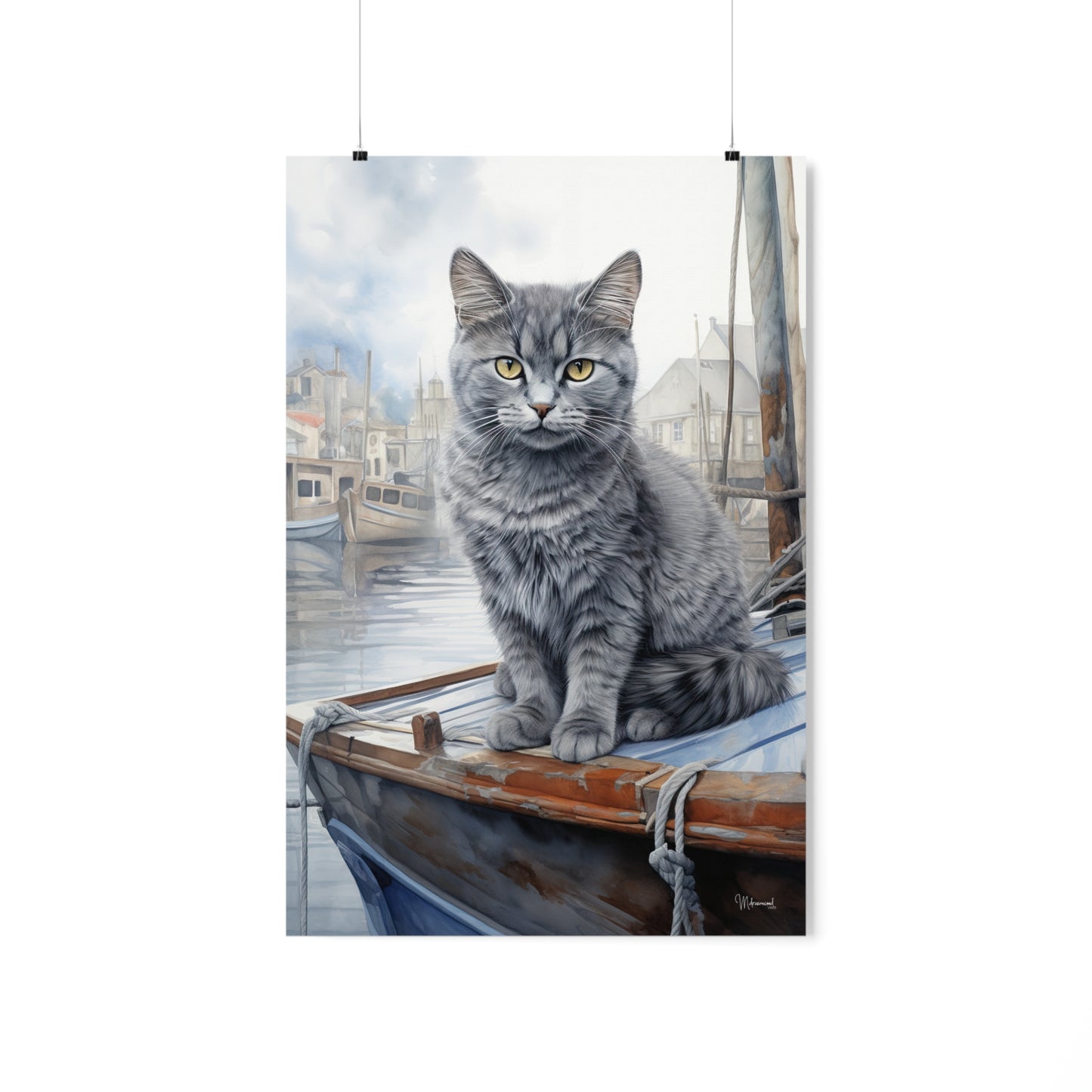 Grey Tabby Cat at the Boat Docks Premium Matte Vertical Posters