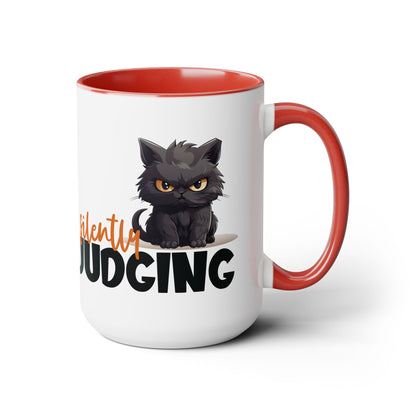 Silently Judging- Black Cat Two-Tone Coffee Mugs, 15oz