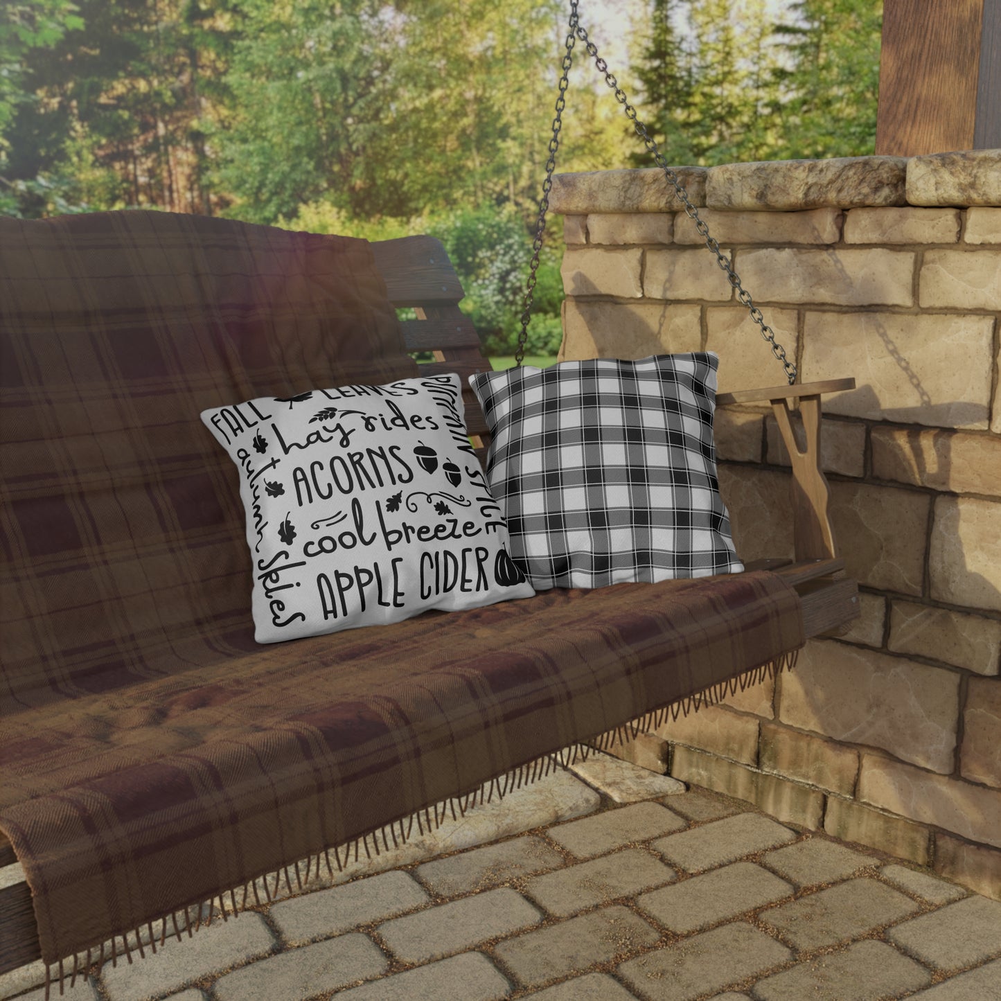 Fall Delights in White & Buffalo Plaid Outdoor Pillows