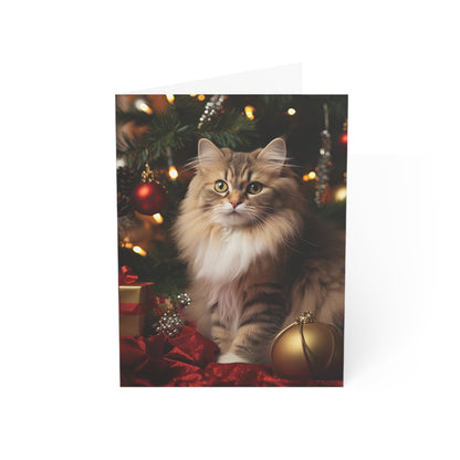 Cat by the Christmas Tree Greeting Cards (1, 10, 30, and 50pcs)