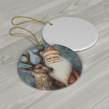 Watercolor Winter- Santa & Reindeer Ceramic Ornament