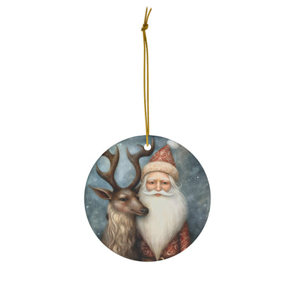 Watercolor Winter- Santa & Reindeer Ceramic Ornament