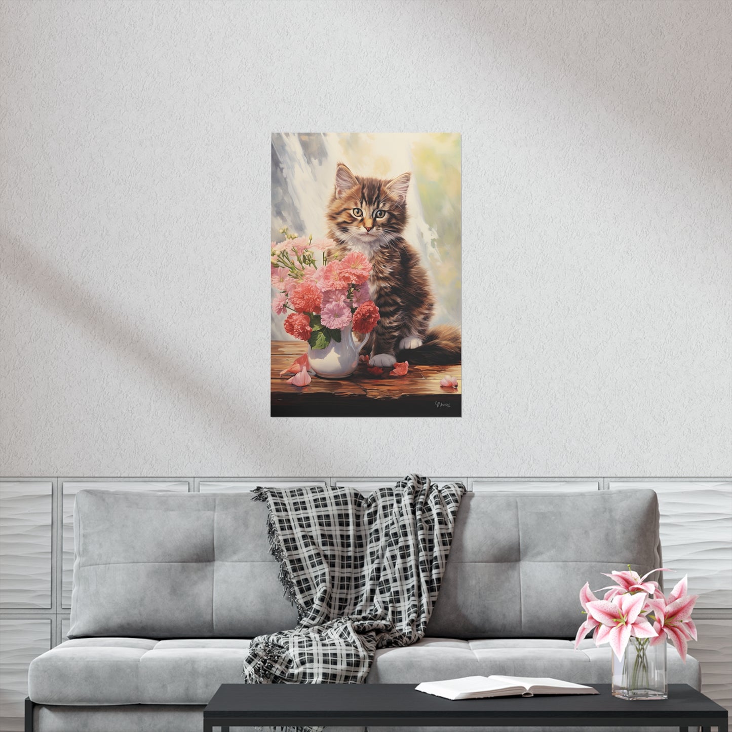 Tabby Kitten Floral Table Premium Matte Vertical Posters