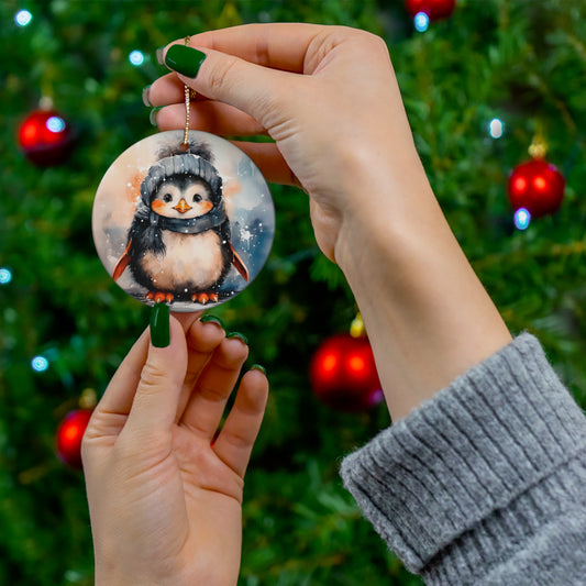 Watercolor Winter- Penguin Ceramic Ornament