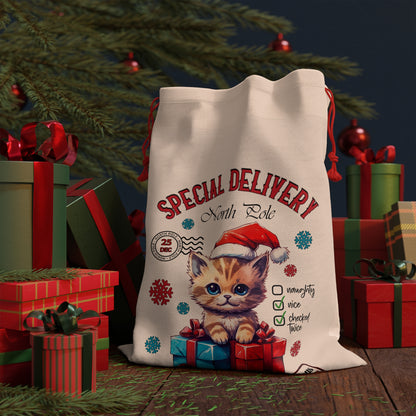 Special Delivery Kitten Christmas Linen Bag