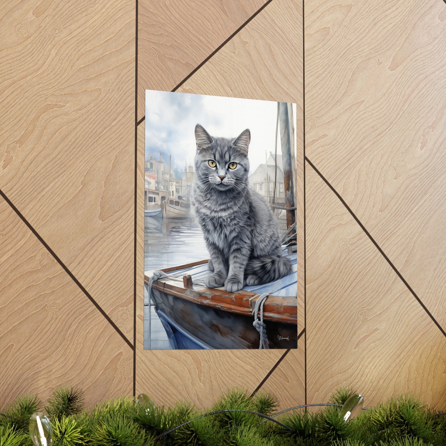 Grey Tabby Cat at the Boat Docks Premium Matte Vertical Posters