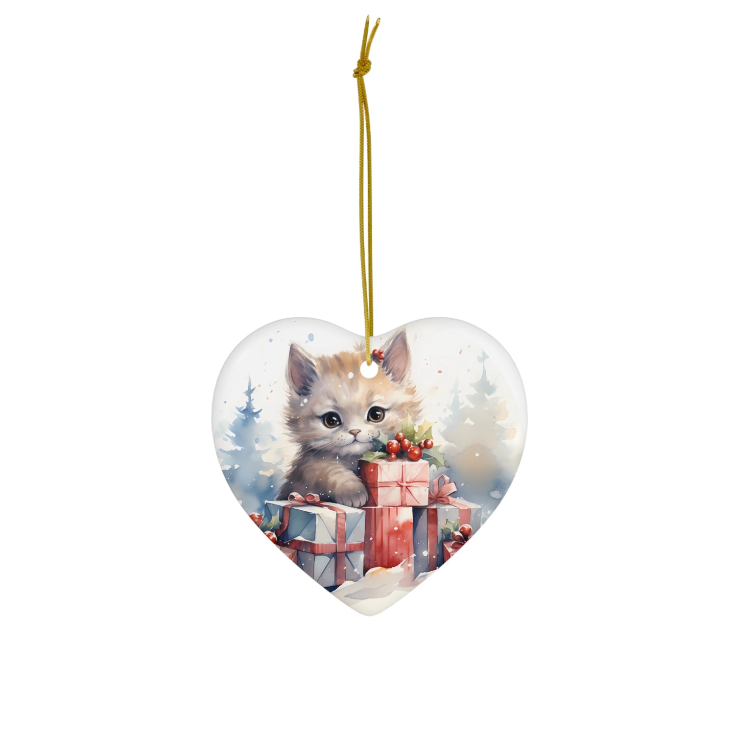 Watercolor Winter- Kitten Ceramic Ornament