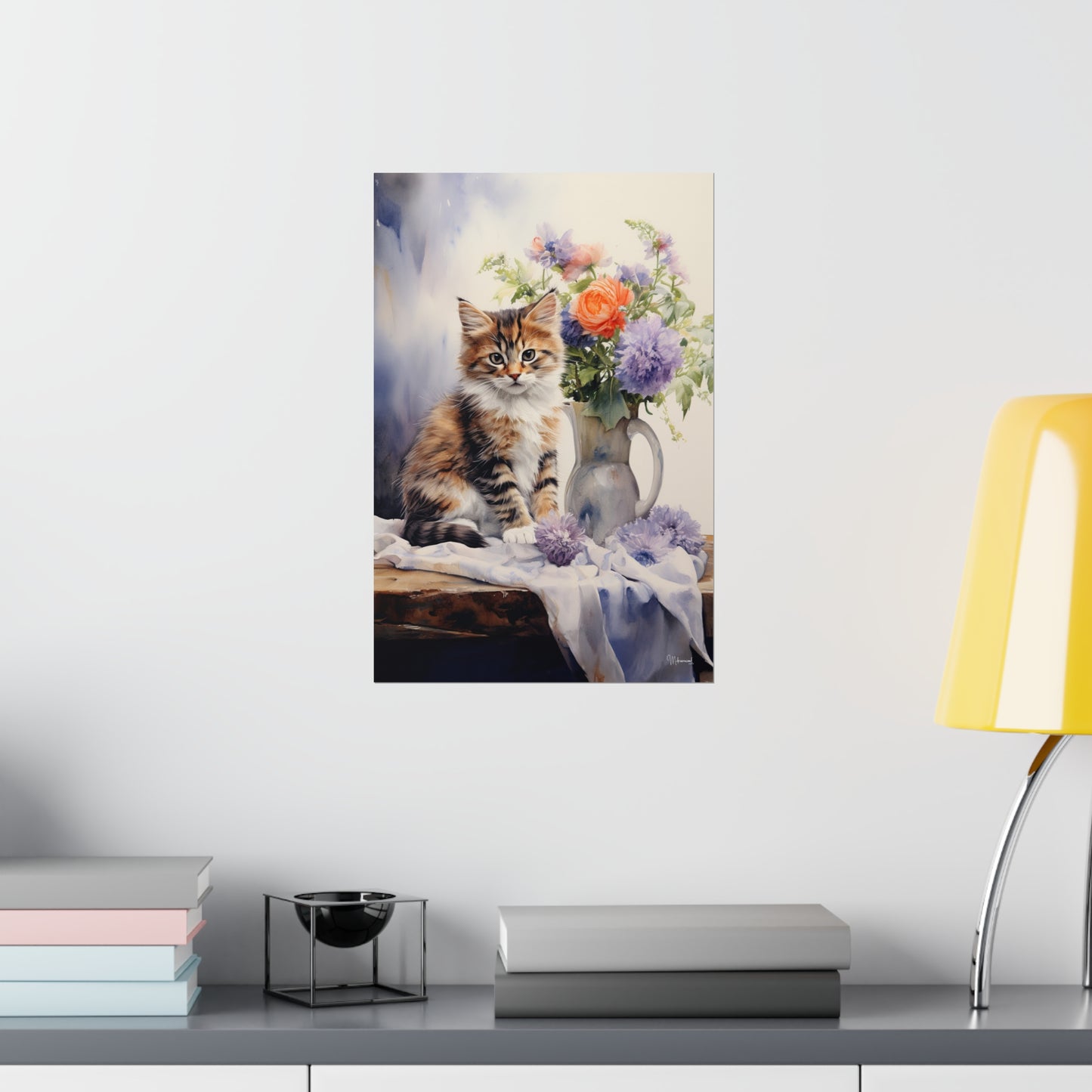 Tabby Kitten Floral Table Premium Matte Vertical Posters