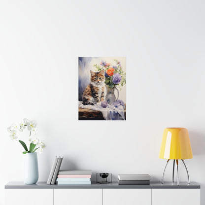 Tabby Kitten Floral Table Premium Matte Vertical Posters