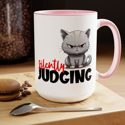 Silently Judging- Gray Cat Two-Tone Coffee Mugs, 15oz