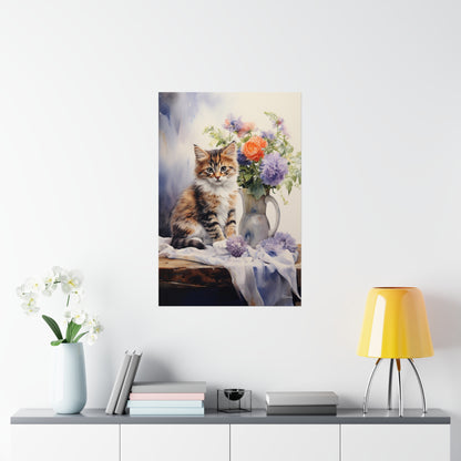 Tabby Kitten Floral Table Premium Matte Vertical Posters