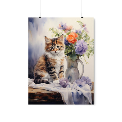 Tabby Kitten Floral Table Premium Matte Vertical Posters