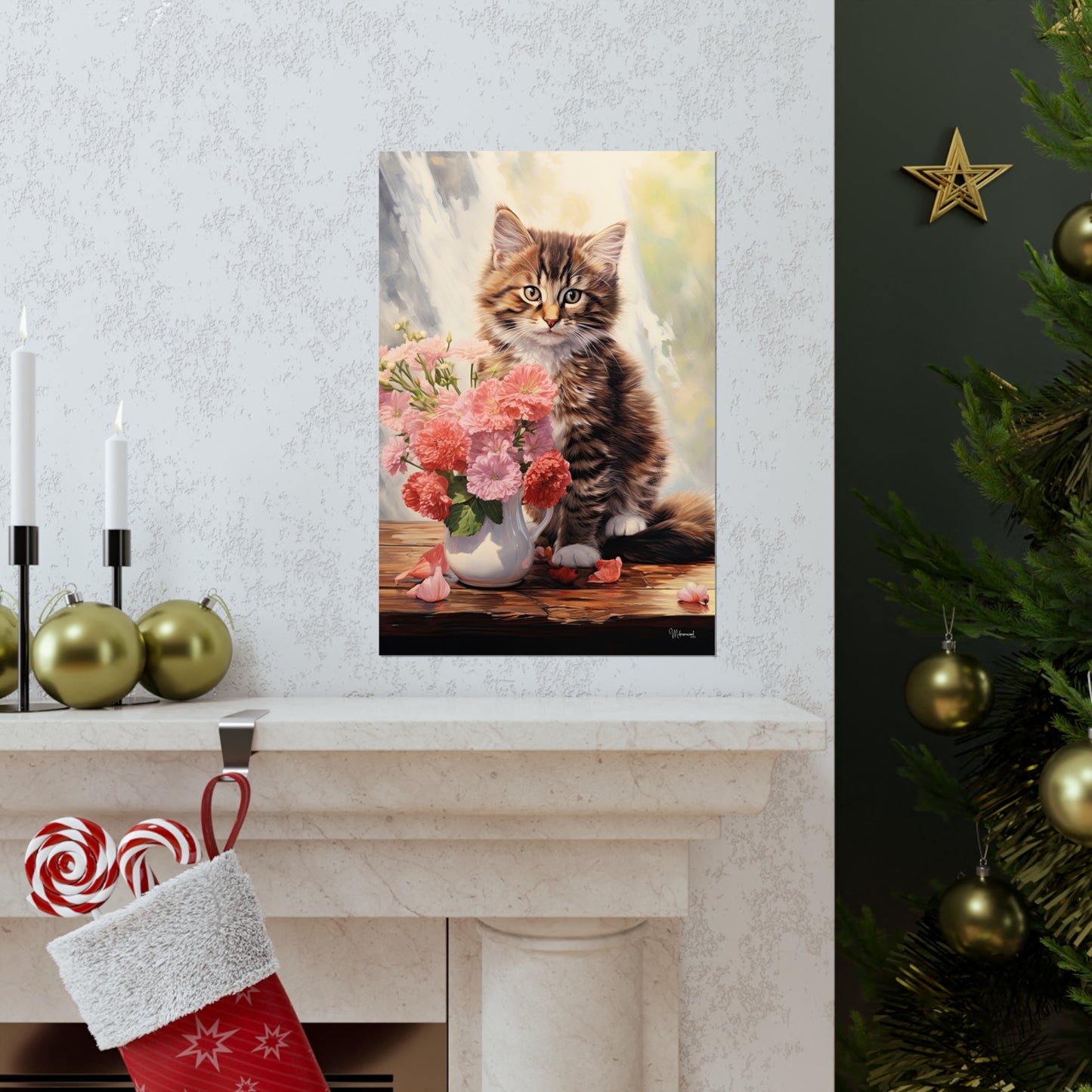 Tabby Kitten Floral Table Premium Matte Vertical Posters