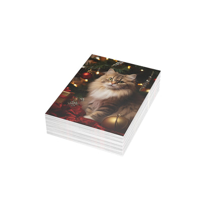 Cat by the Christmas Tree Greeting Cards (1, 10, 30, and 50pcs)