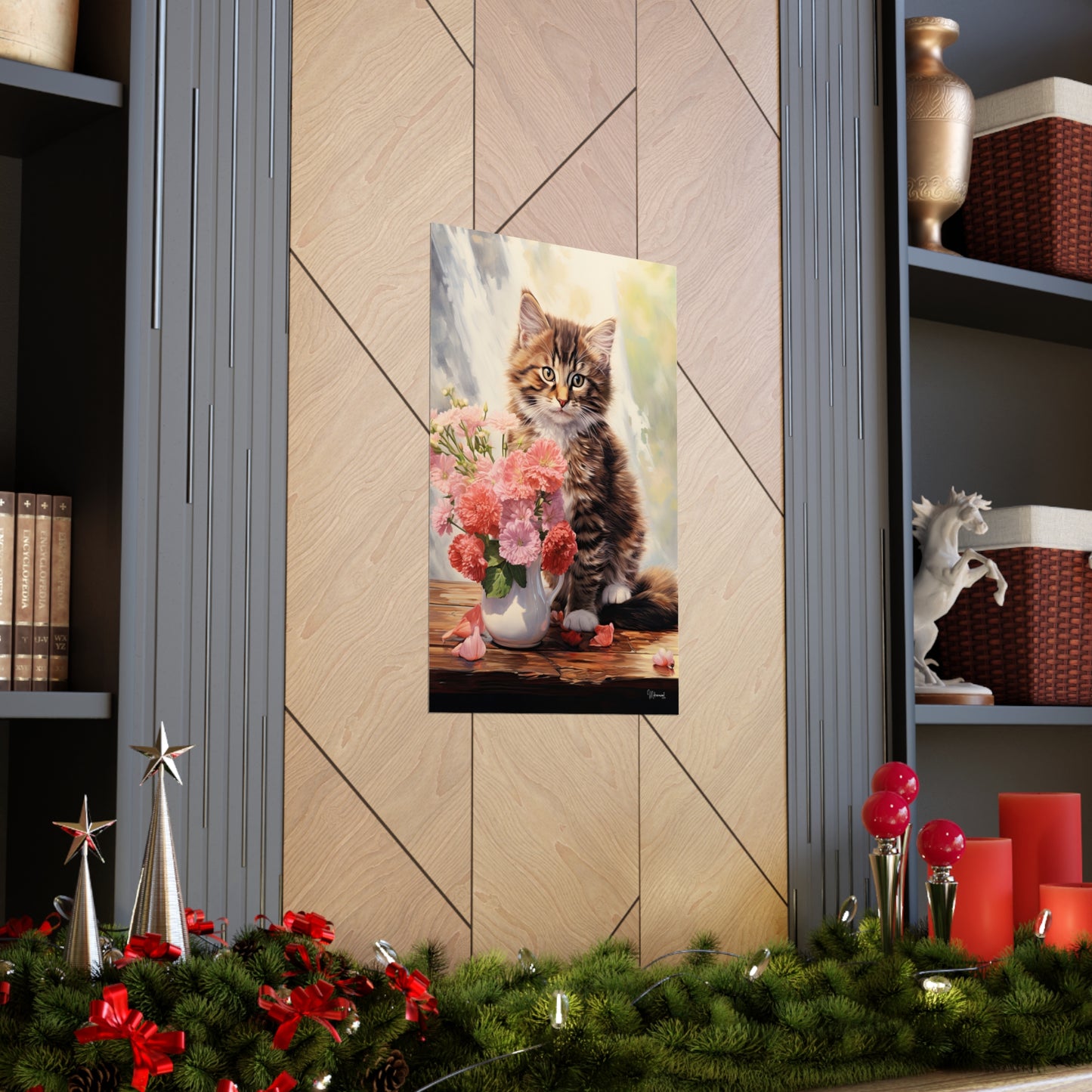 Tabby Kitten Floral Table Premium Matte Vertical Posters