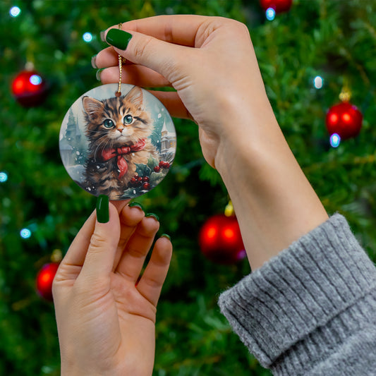 Watercolor Winter- Kitten Ceramic Ornament