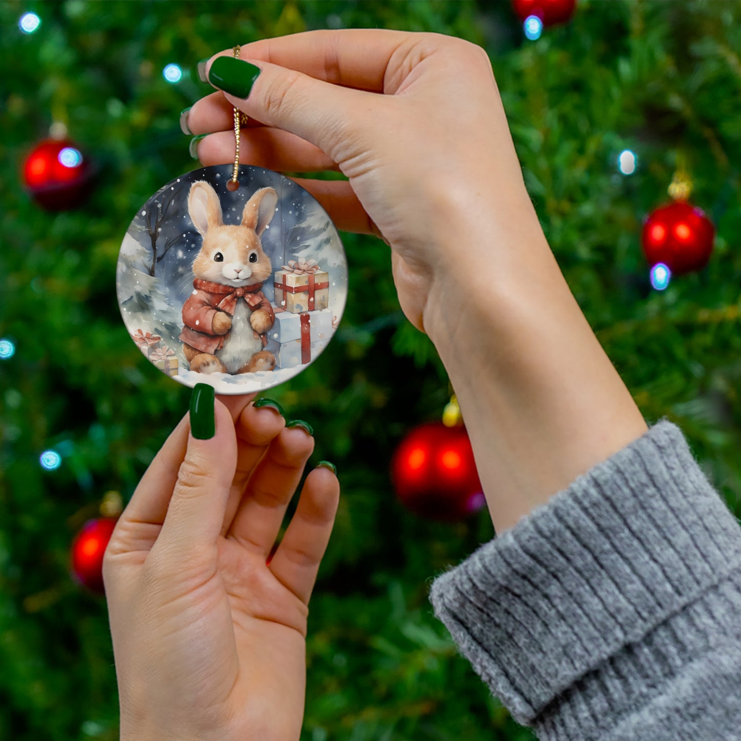 Watercolor Winter- Bunny Ceramic Ornament