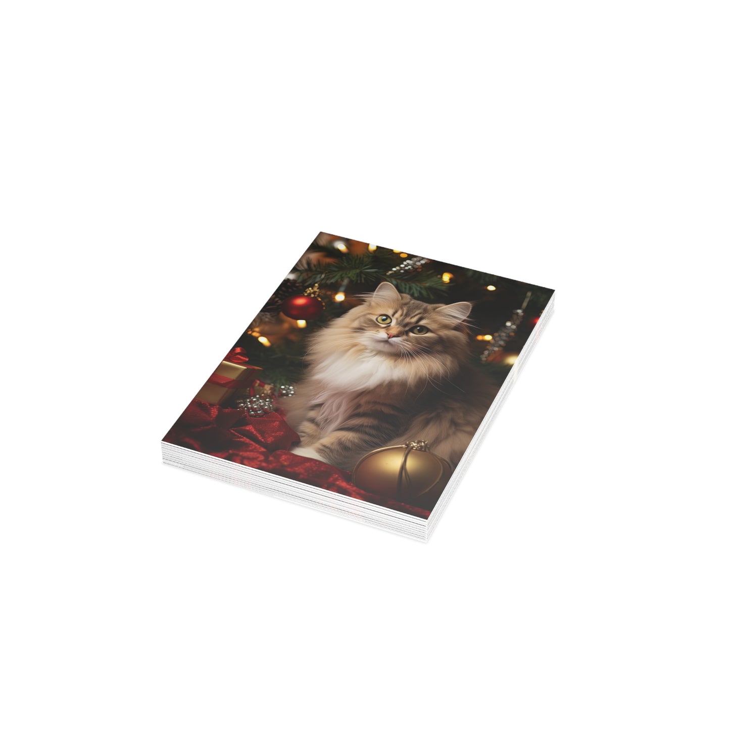 Cat by the Christmas Tree Greeting Cards (1, 10, 30, and 50pcs)