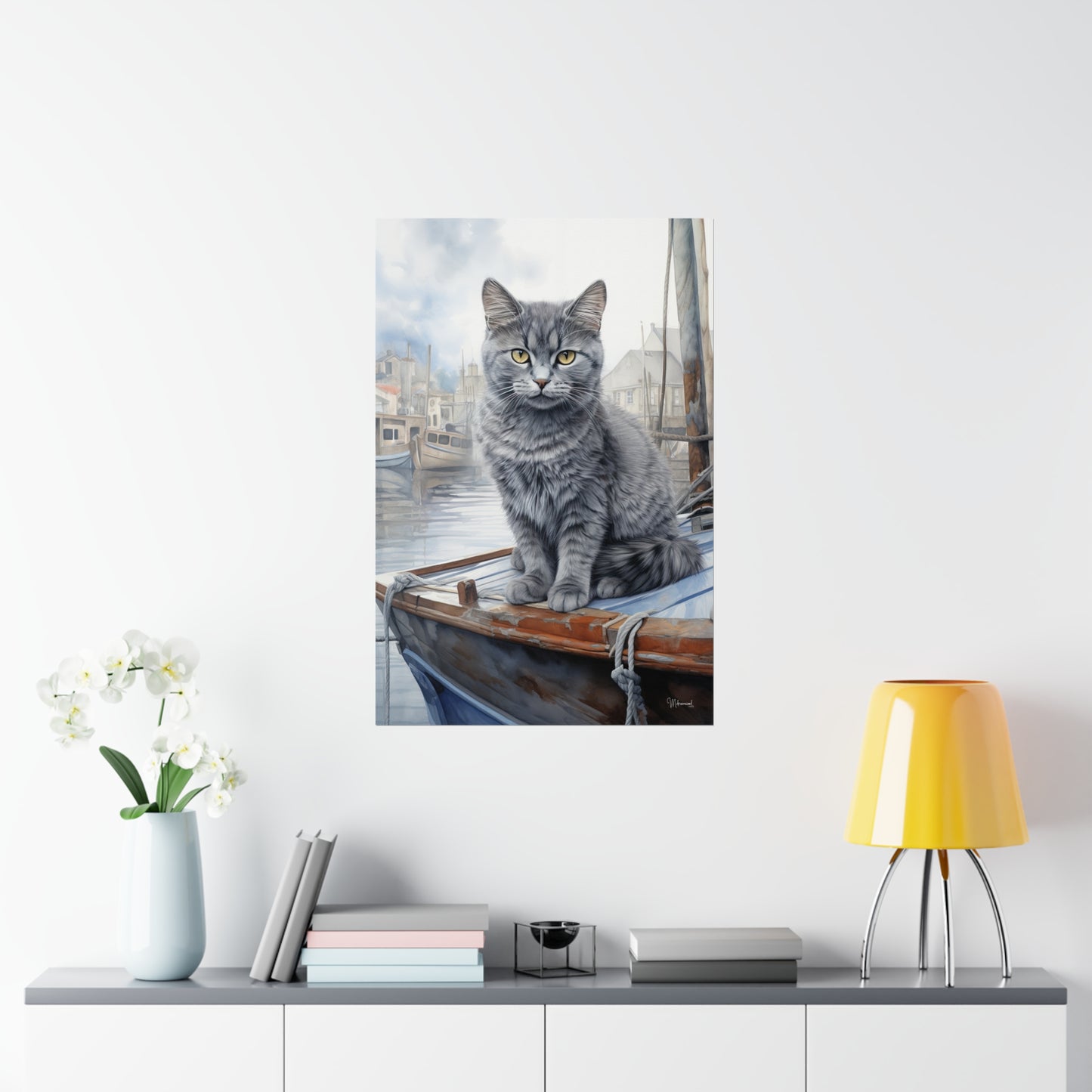 Grey Tabby Cat at the Boat Docks Premium Matte Vertical Posters