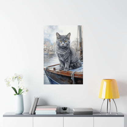 Grey Tabby Cat at the Boat Docks Premium Matte Vertical Posters