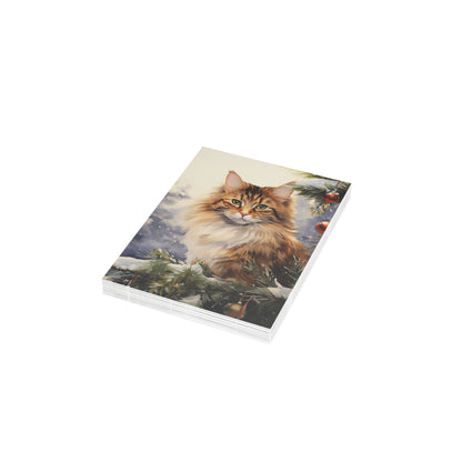 Cat by Christmas Tree Greeting Cards (1, 10, 30, and 50pcs)