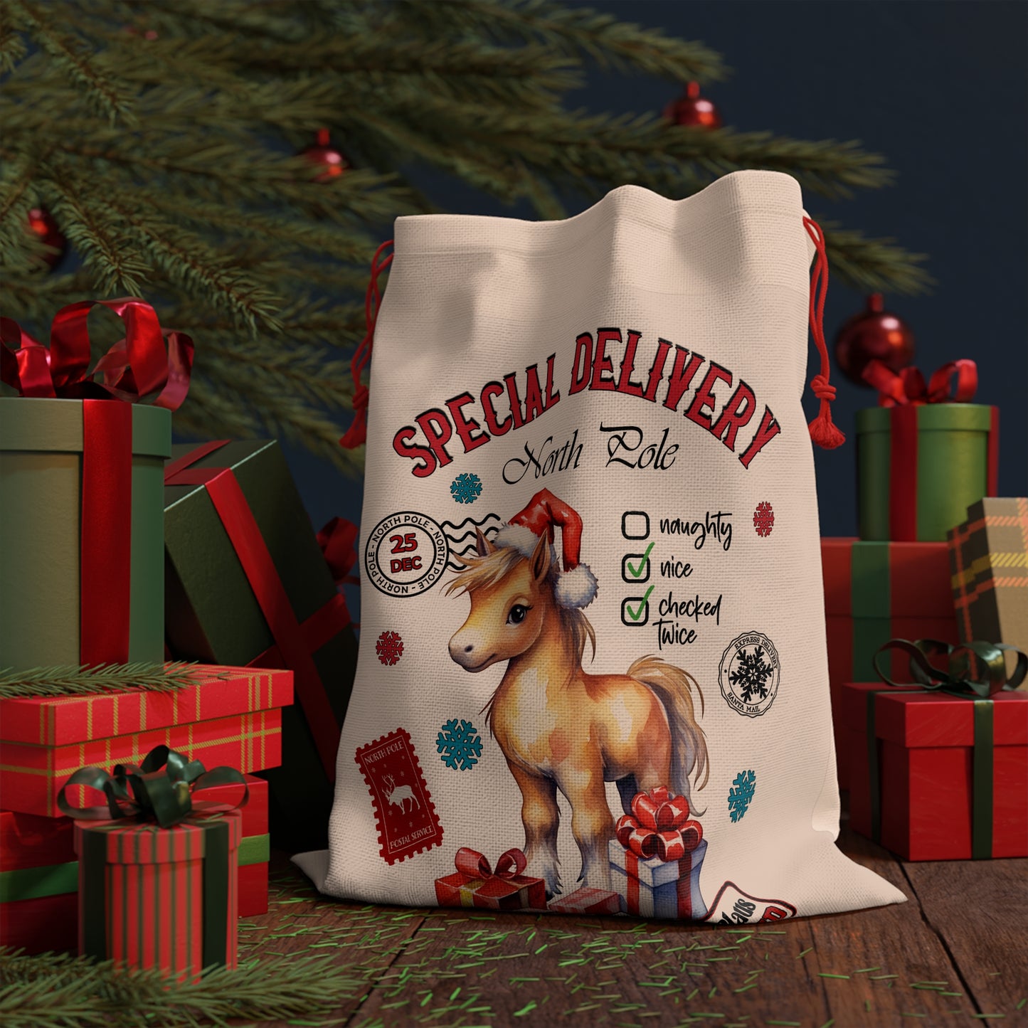 Personalized Special Delivery Horse Christmas Linen Bag