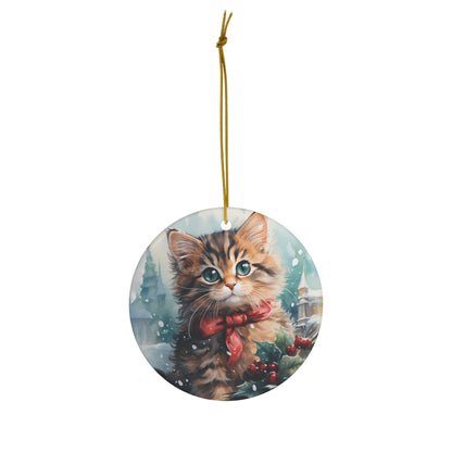 Watercolor Winter- Kitten Ceramic Ornament