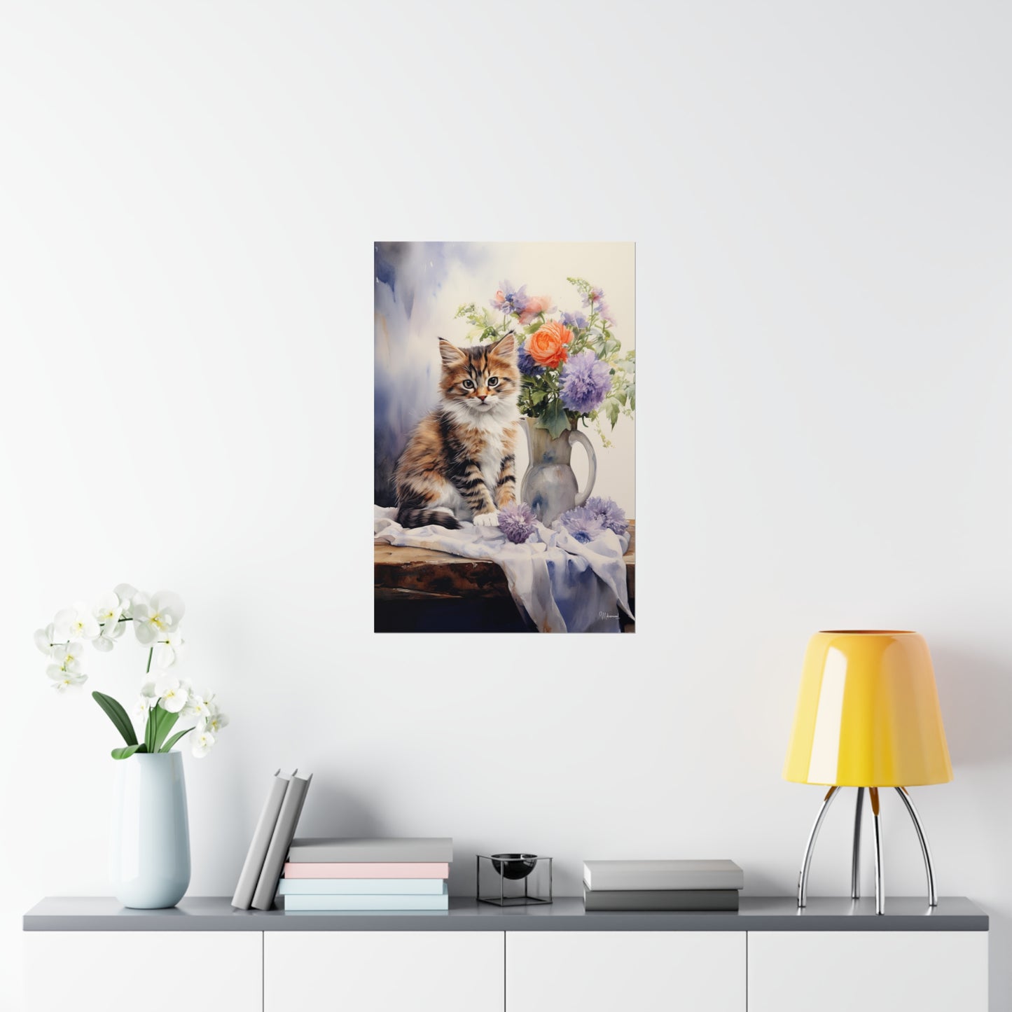 Tabby Kitten Floral Table Premium Matte Vertical Posters