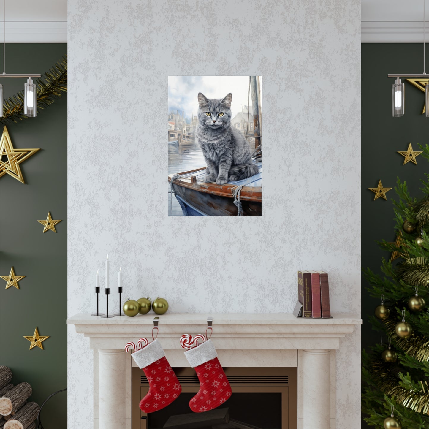 Grey Tabby Cat at the Boat Docks Premium Matte Vertical Posters