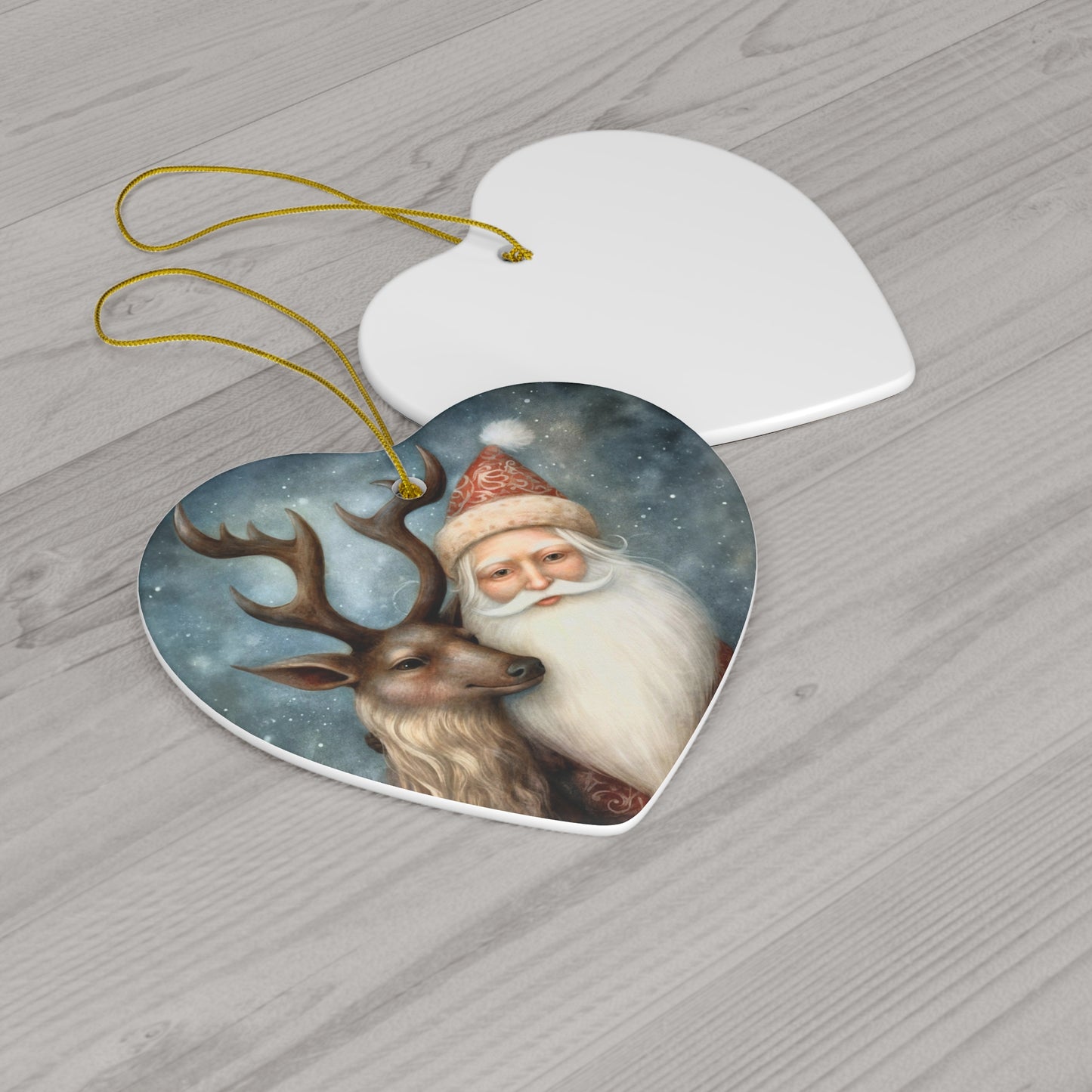 Watercolor Winter- Santa & Reindeer Ceramic Ornament