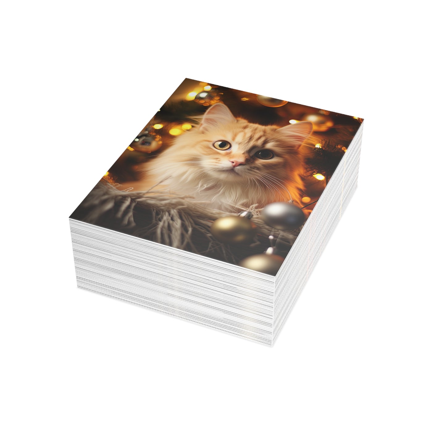 Cat by Christmas Tree Greeting Cards (1, 10, 30, and 50pcs)