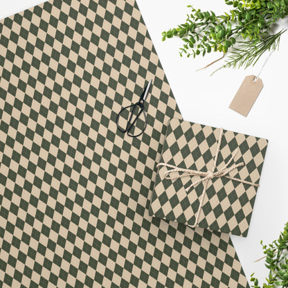 Cozy Christmas Green & Cream Diamond Checkered Plaid Wrapping Paper