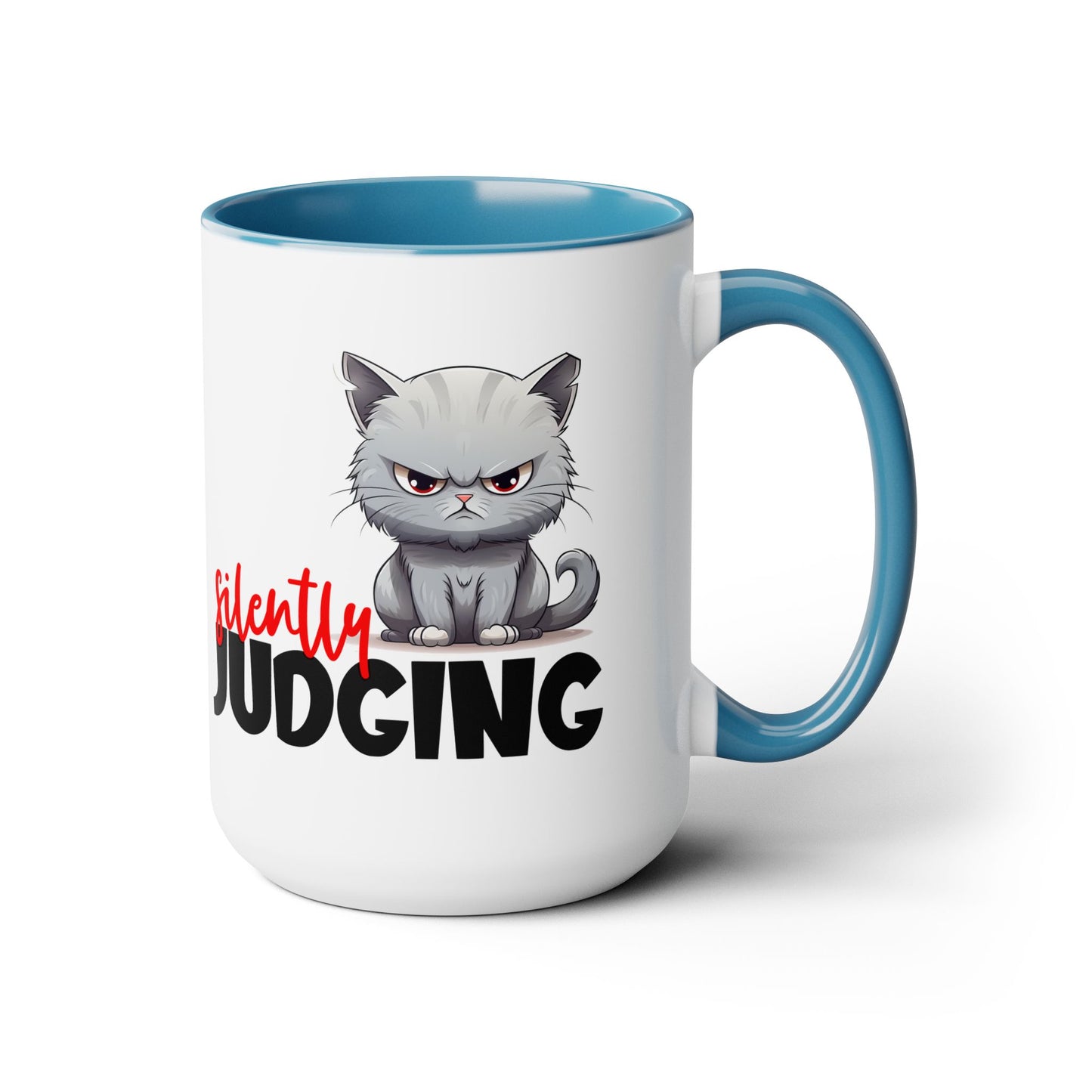 Silently Judging- Gray Cat Two-Tone Coffee Mugs, 15oz