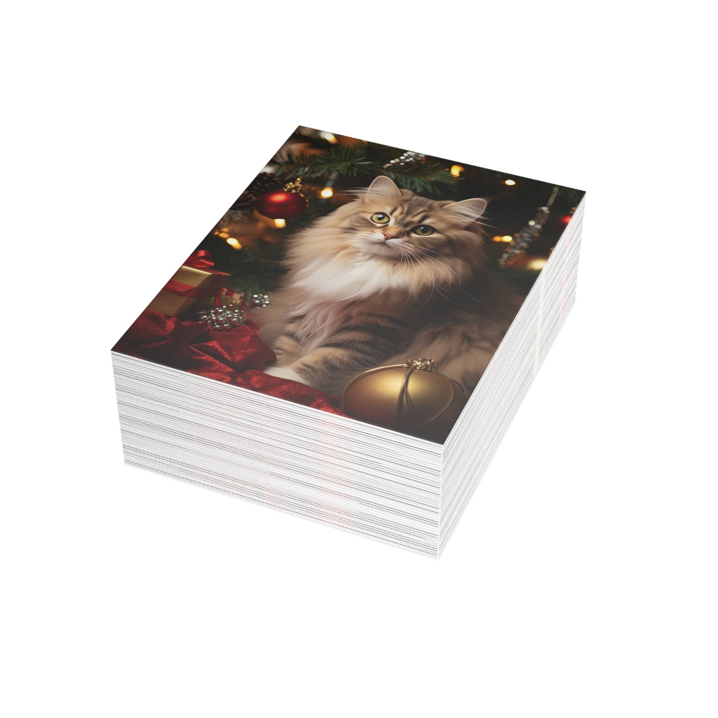 Cat by the Christmas Tree Greeting Cards (1, 10, 30, and 50pcs)