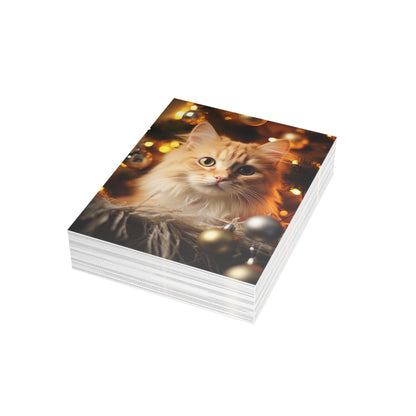 Cat by Christmas Tree Greeting Cards (1, 10, 30, and 50pcs)