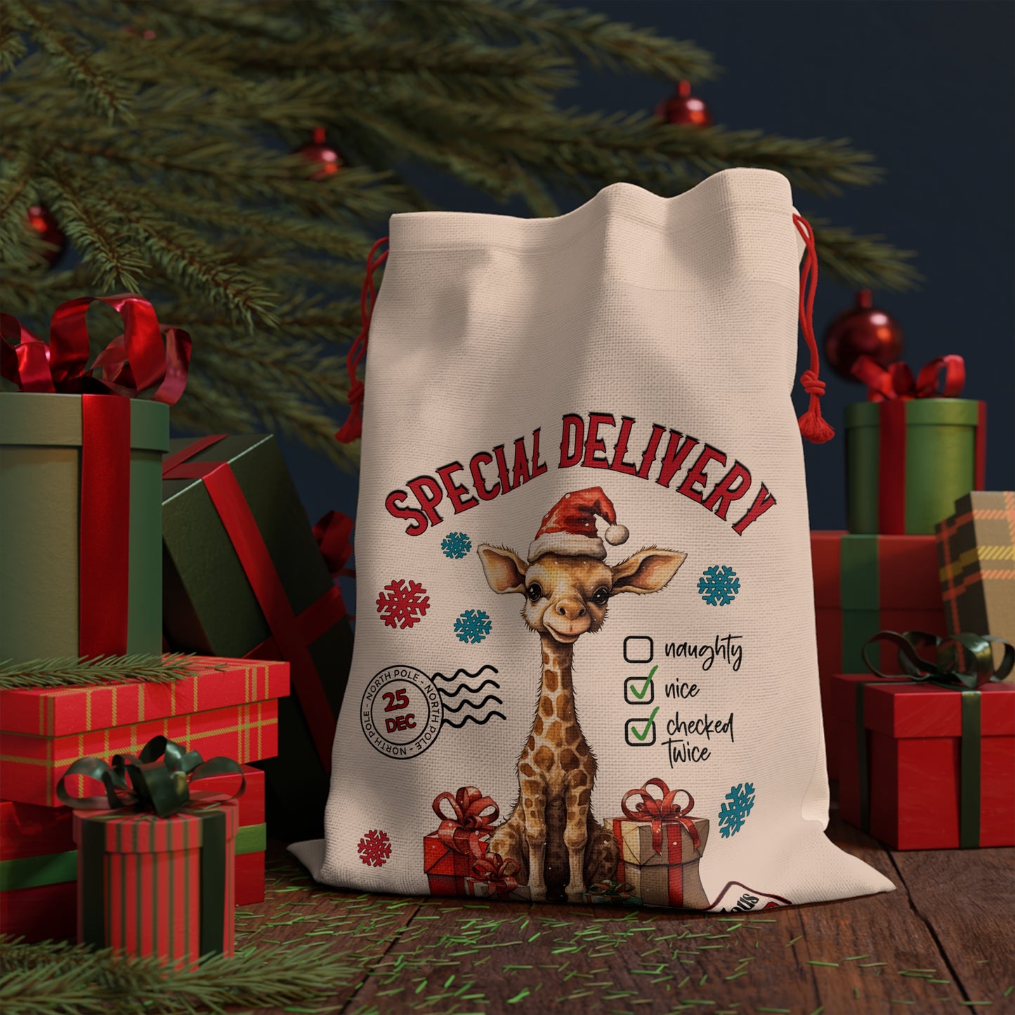 Special Delivery Giraffe Christmas Linen Bag