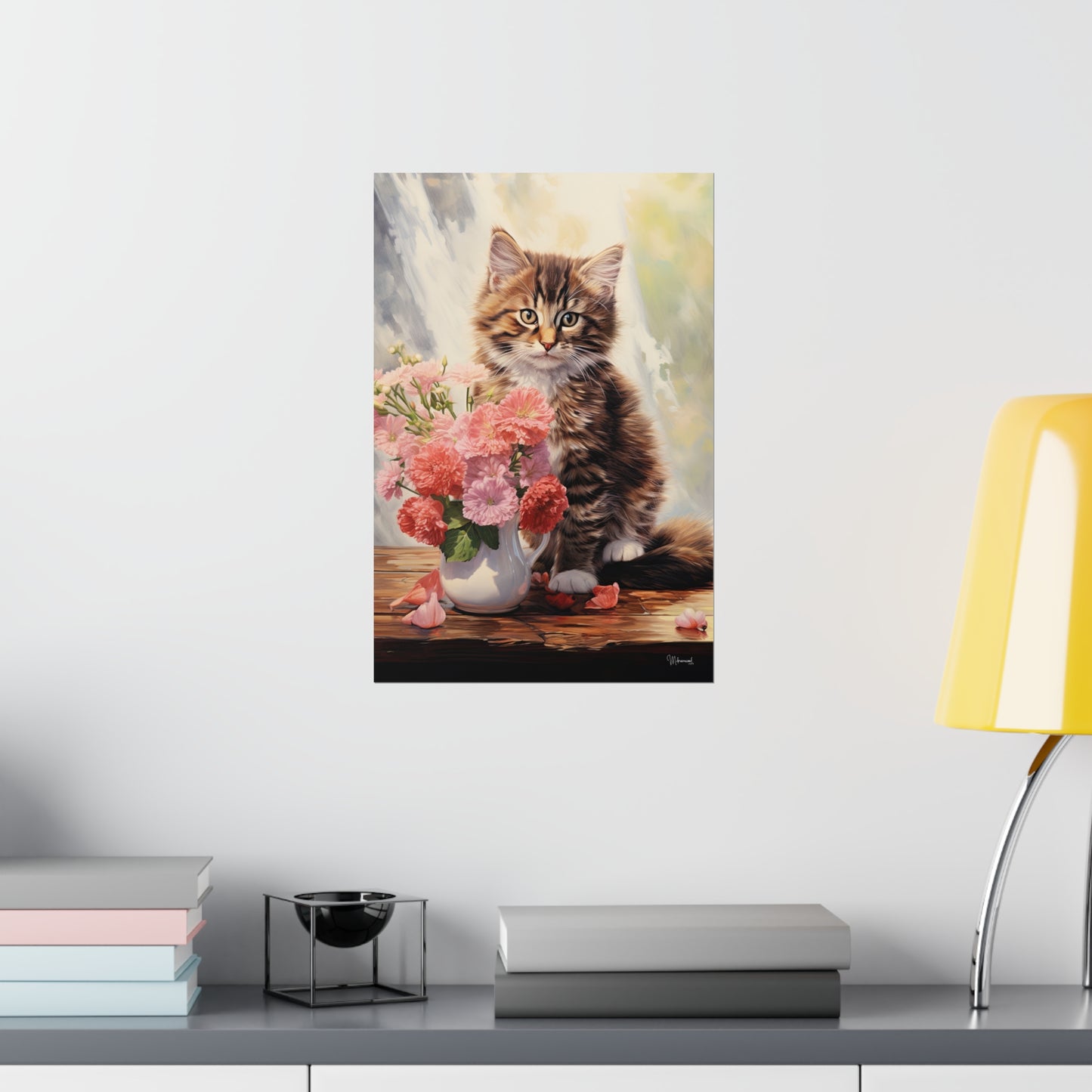 Tabby Kitten Floral Table Premium Matte Vertical Posters