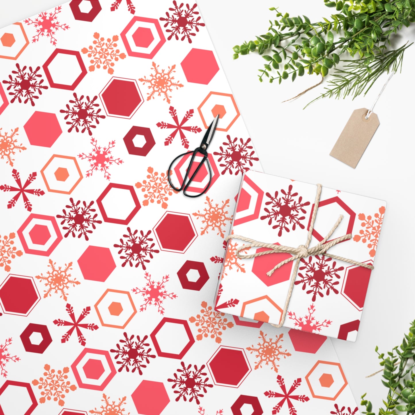 Orange & Red Geometric Snowflakes Wrapping Paper