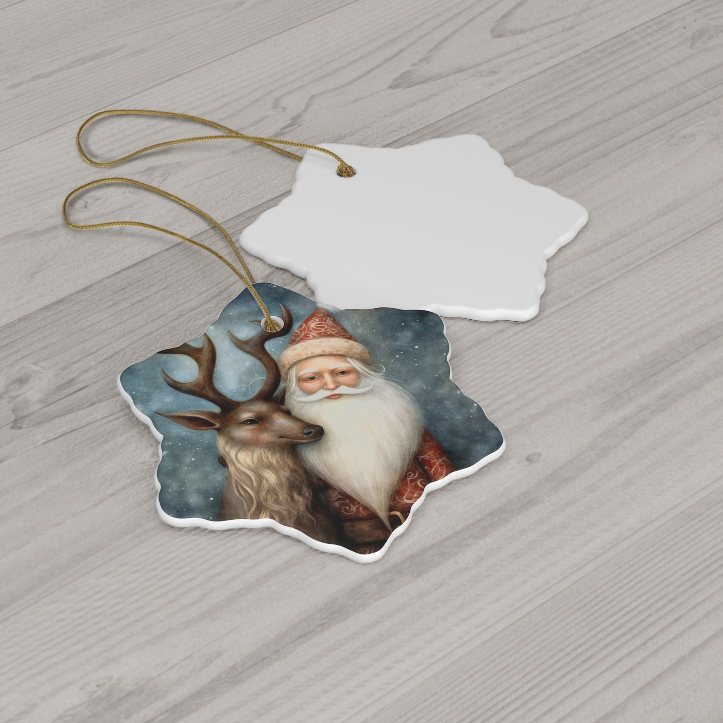 Watercolor Winter- Santa & Reindeer Ceramic Ornament