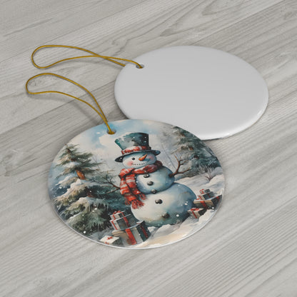 Watercolor Winter- Snowman Ceramic Ornament