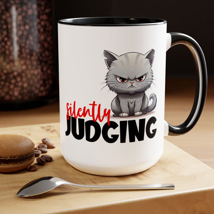 Silently Judging- Gray Cat Two-Tone Coffee Mugs, 15oz