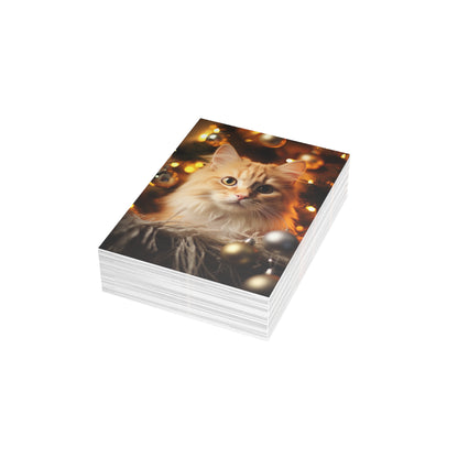 Cat by Christmas Tree Greeting Cards (1, 10, 30, and 50pcs)