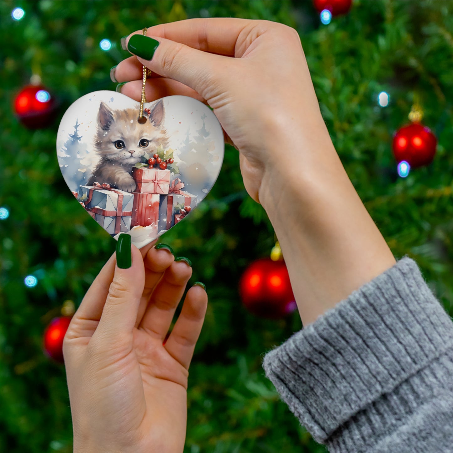 Watercolor Winter- Kitten Ceramic Ornament